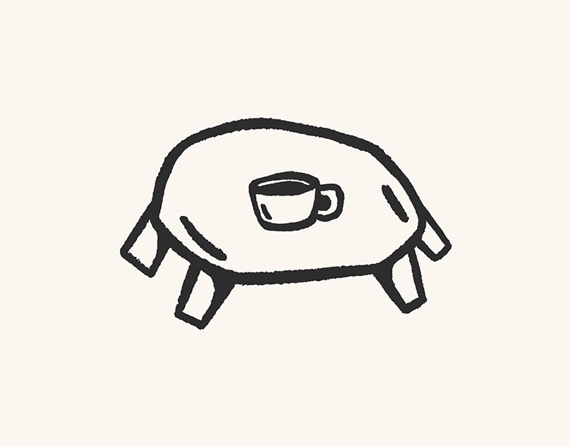 Mesa com uma xícara de café, desenhada à mão em traço preto