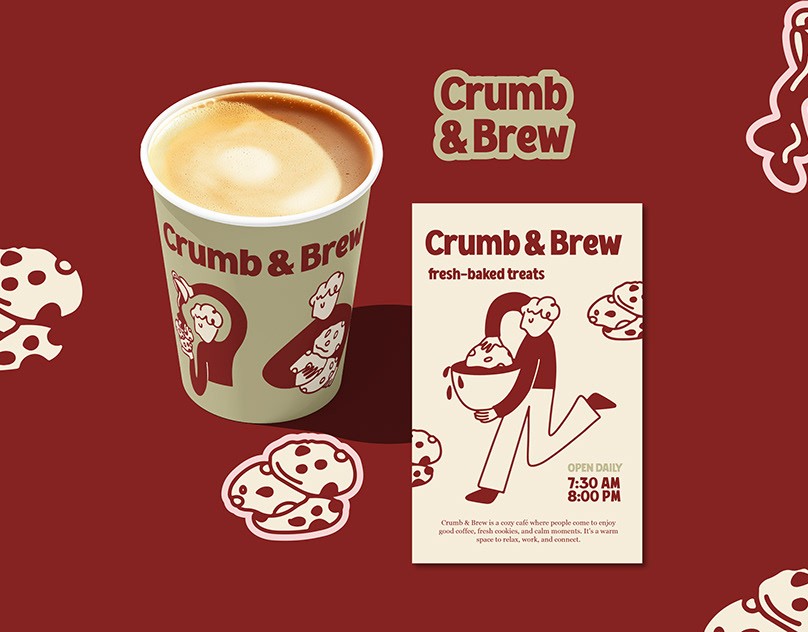Copo e cartão da marca Crumb e Brew em vermelho profundo e creme, com ilustrações de pessoas