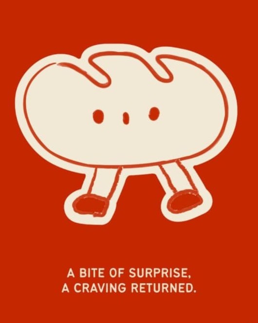 Personagem de pão com perninhas, desenhado à mão, sobre fundo vermelho